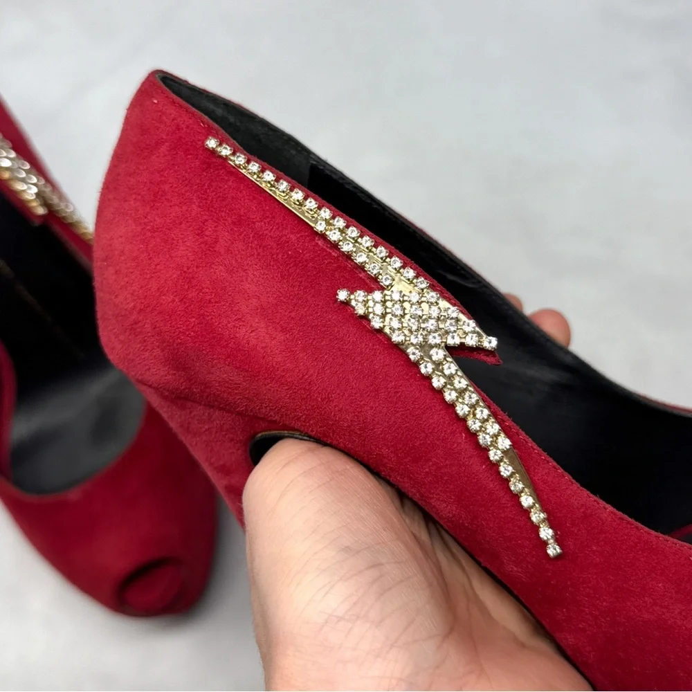 Giuseppe Zanotti Sharon Rhinestone Lightning Bolt Suede Platform Heels Red 38 - Picture 3 of 15